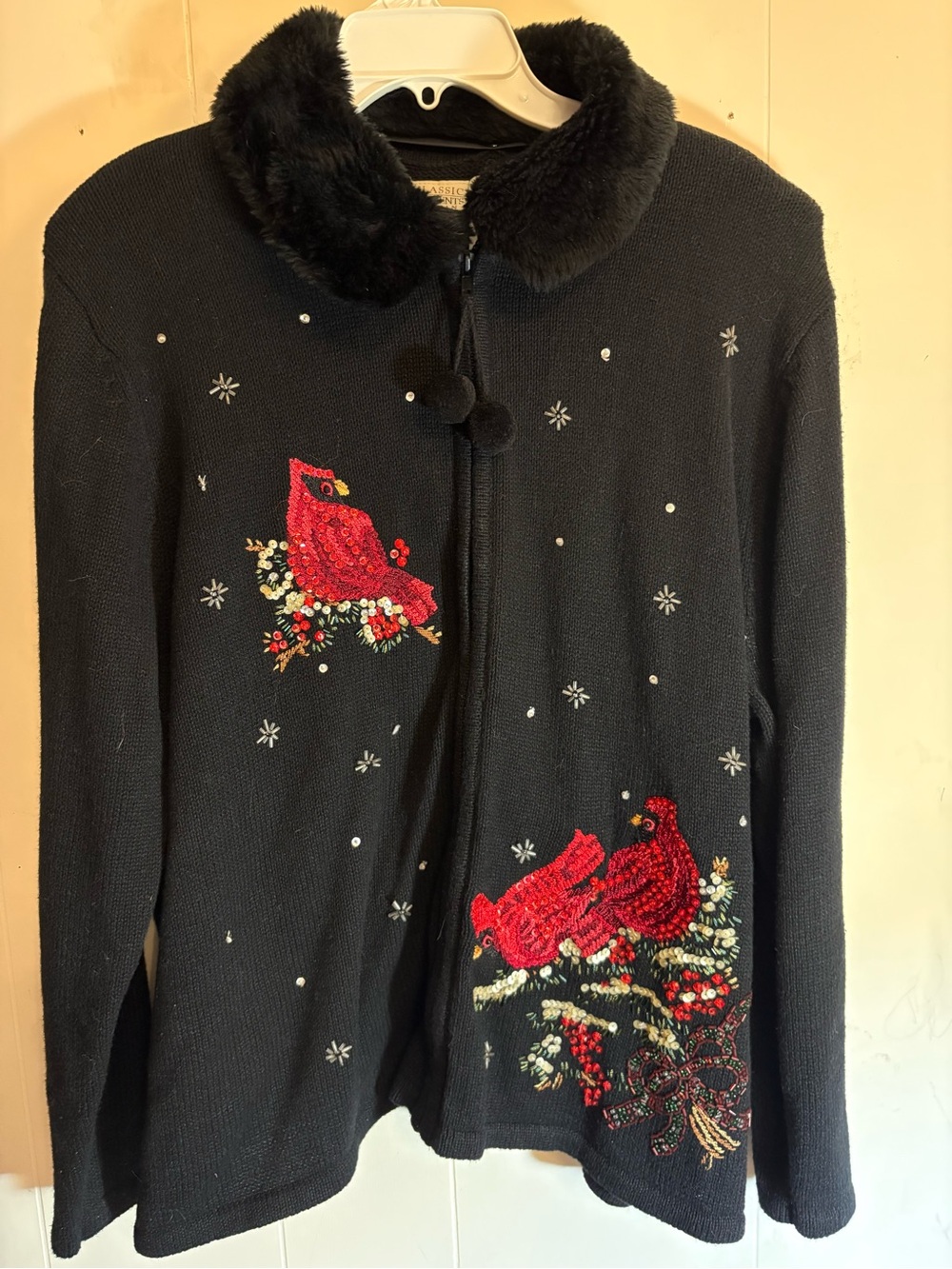 Plus 20W 22W Black Beaded Cardinal Embroidered Removable Fur Collar Cardigan VTG
